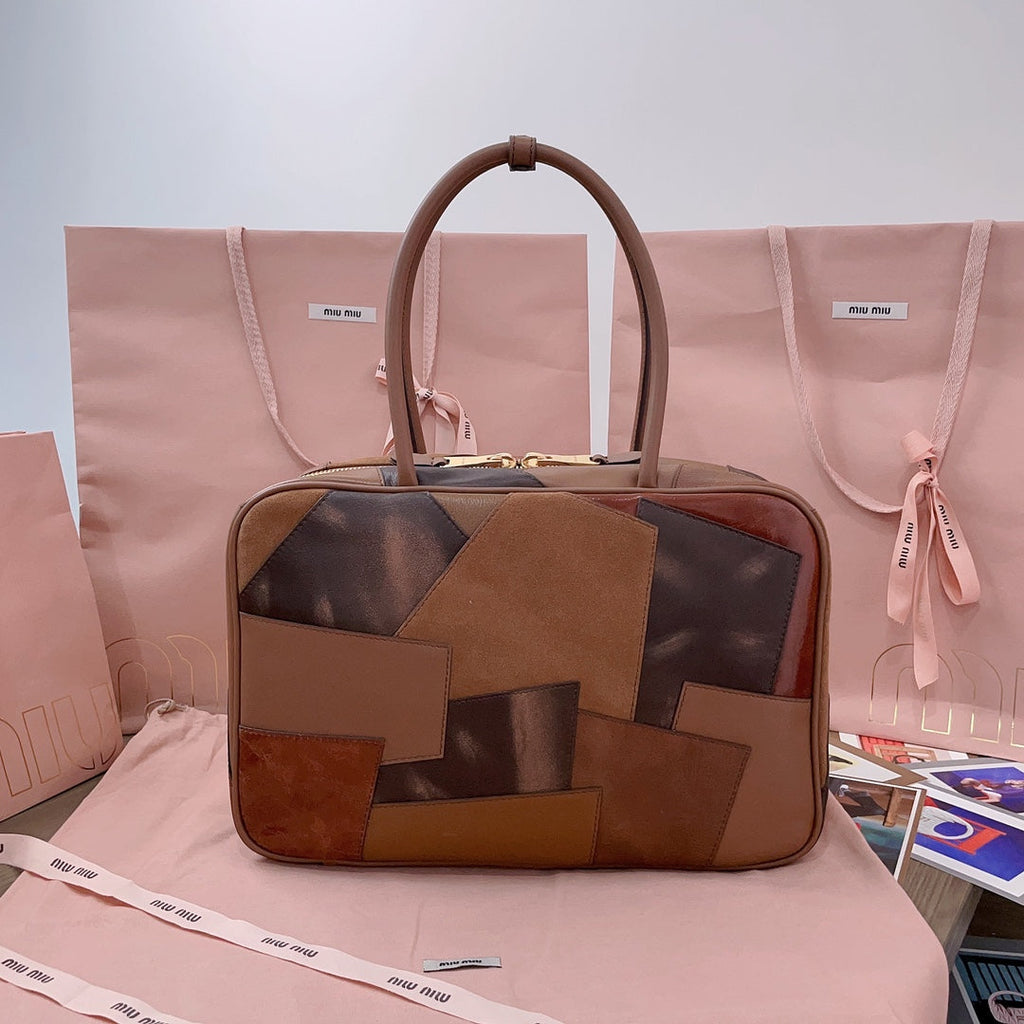 Beau Top Handle Bag 34 in Cognac Leather Patchwork