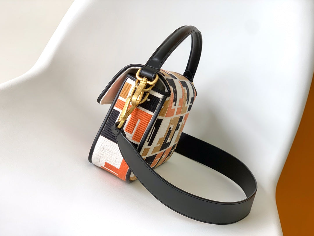 Fend Baguette Black White Brown Orange Canvas Bag 27 with Ff Embroidery Ghw