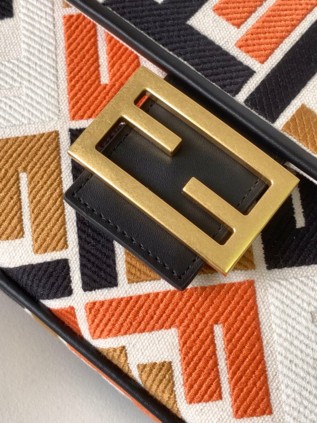 Fend Baguette Black White Brown Orange Canvas Bag 27 with Ff Embroidery Ghw