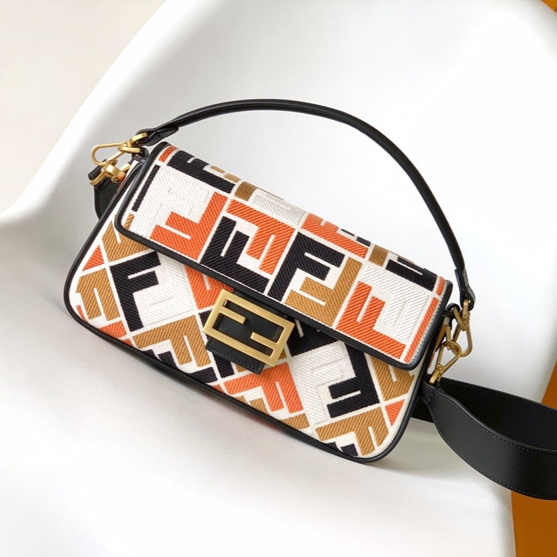 Fend Baguette Black White Brown Orange Canvas Bag 27 with Ff Embroidery Ghw