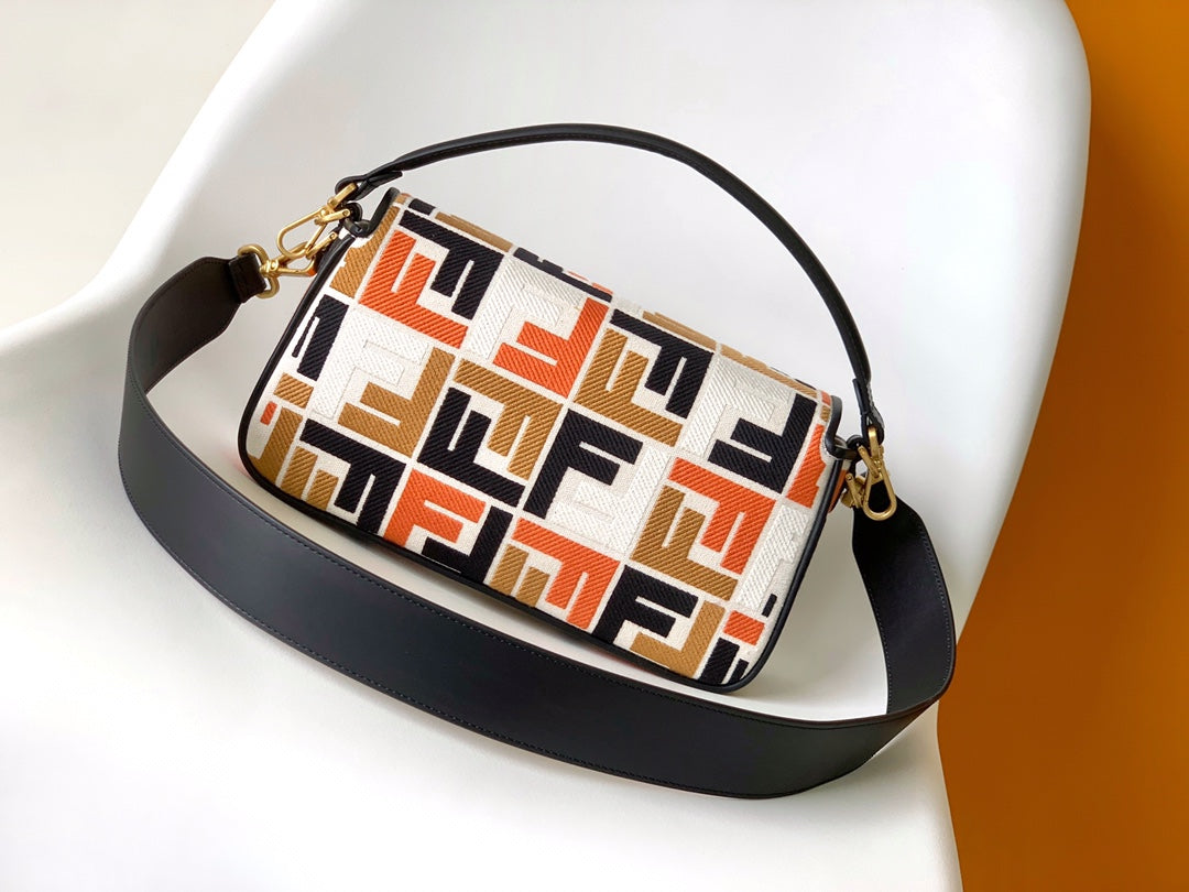 Fend Baguette Black White Brown Orange Canvas Bag 27 with Ff Embroidery Ghw