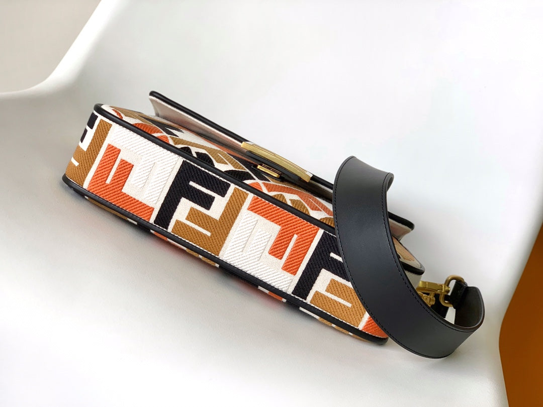 Fend Baguette Black White Brown Orange Canvas Bag 27 with Ff Embroidery Ghw