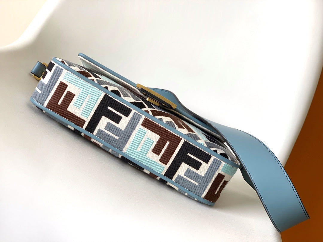 Fend Baguette Sky Blue and Multicolour Canvas Bag 27 with Ff Embroidery Ghw