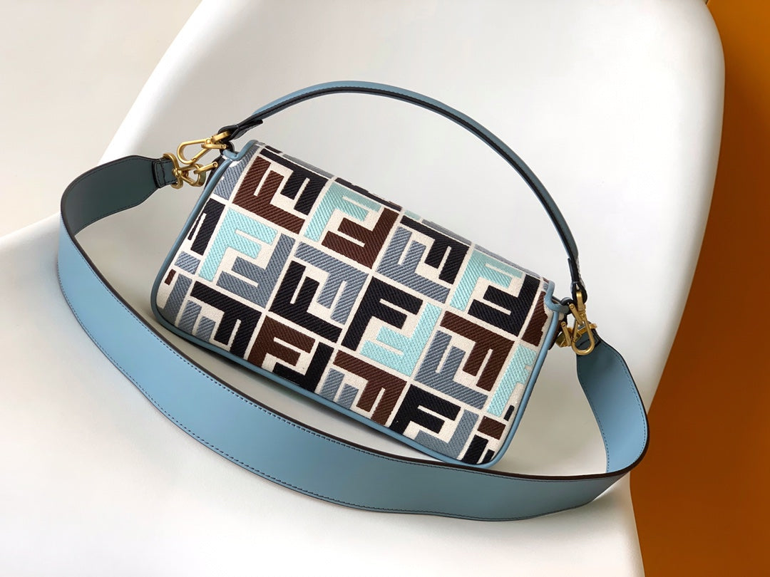 Fend Baguette Sky Blue and Multicolour Canvas Bag 27 with Ff Embroidery Ghw