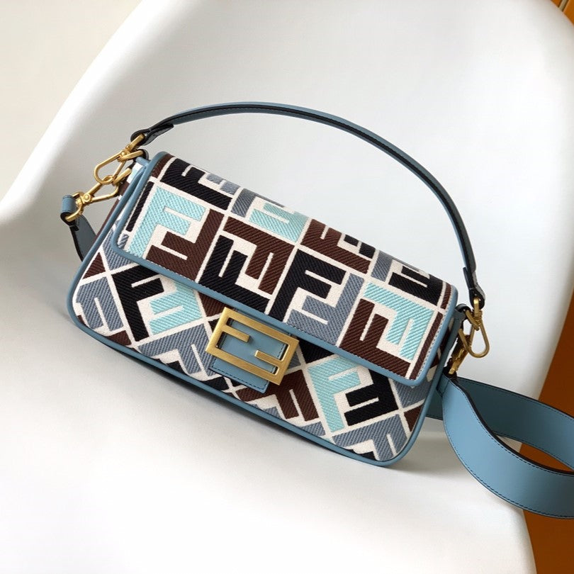 Fend Baguette Sky Blue and Multicolour Canvas Bag 27 with Ff Embroidery Ghw