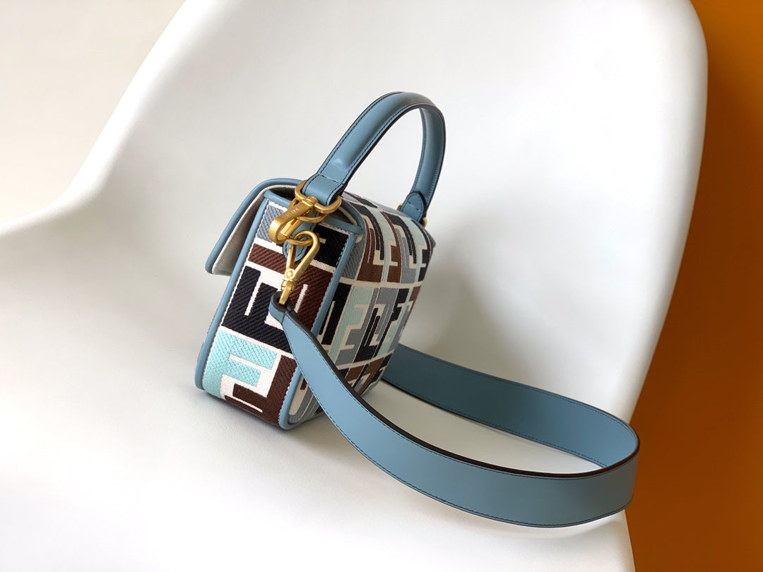 Fend Baguette Sky Blue and Multicolour Canvas Bag 27 with Ff Embroidery Ghw