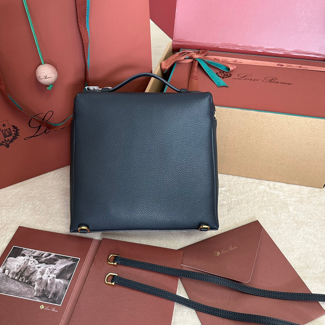 Loro Piana Extra Pocket Backpack L23.5 in Dark Blue Calfskin with Gold Hardware