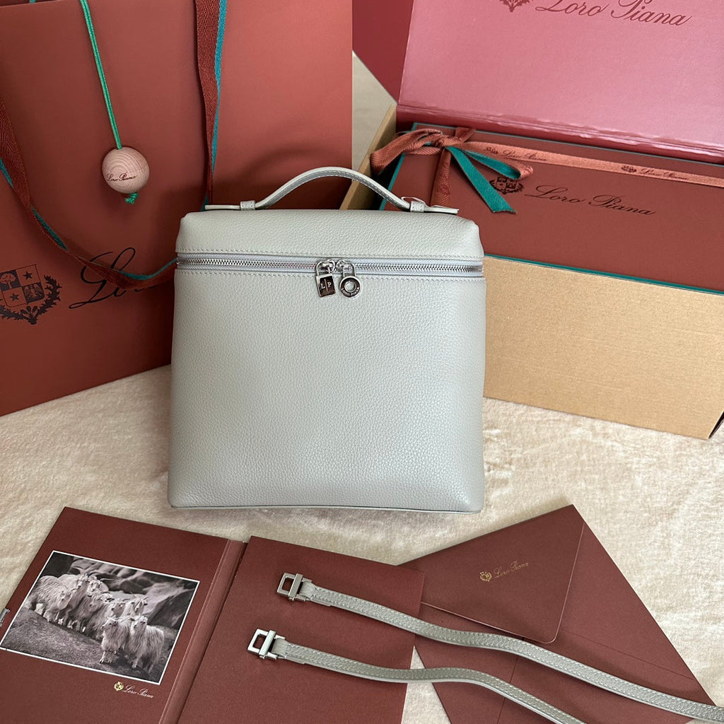 Loro Piana Extra Pocket Backpack L23.5 in Pearl Gray Calfskin with Silver Hardware
