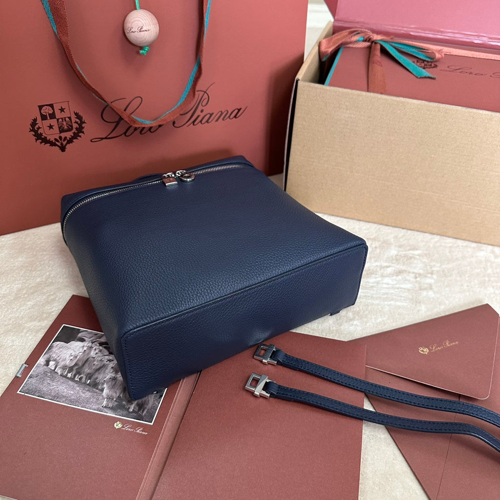 Loro Piana Extra Pocket Backpack L23.5 in Navy Blue Calfskin with Silver Hardware