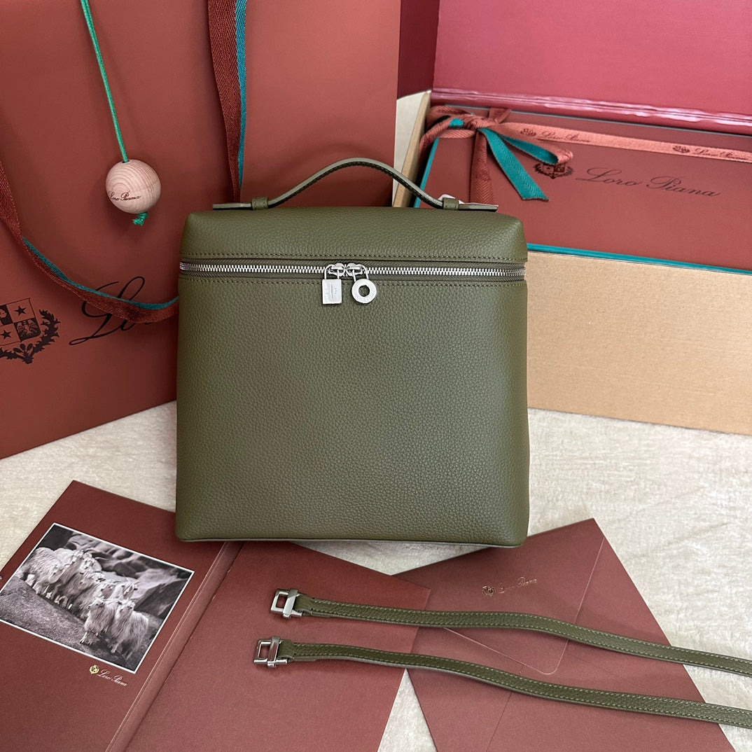 Loro Piana Extra Pocket Backpack L23.5 in Army Green Calfskin with Silver Hardware