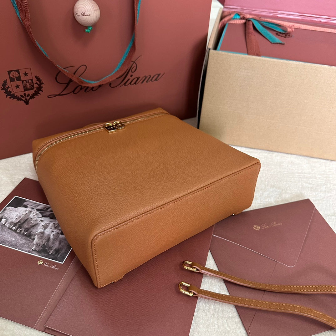 Loro Piana Extra Pocket Backpack L23.5 in Ginger Orange Calfskin with Gold Hardware