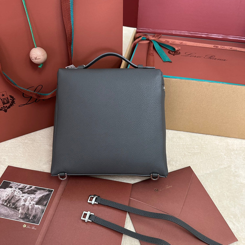 Loro Piana Extra Pocket Backpack L23.5 in Black Calfskin with Silver Hardware