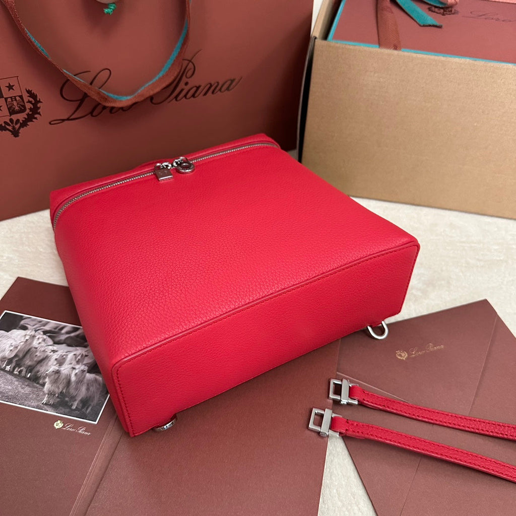 Loro Piana Extra Pocket Backpack L23.5 in Cherry Red Calfskin with Silver Hardware