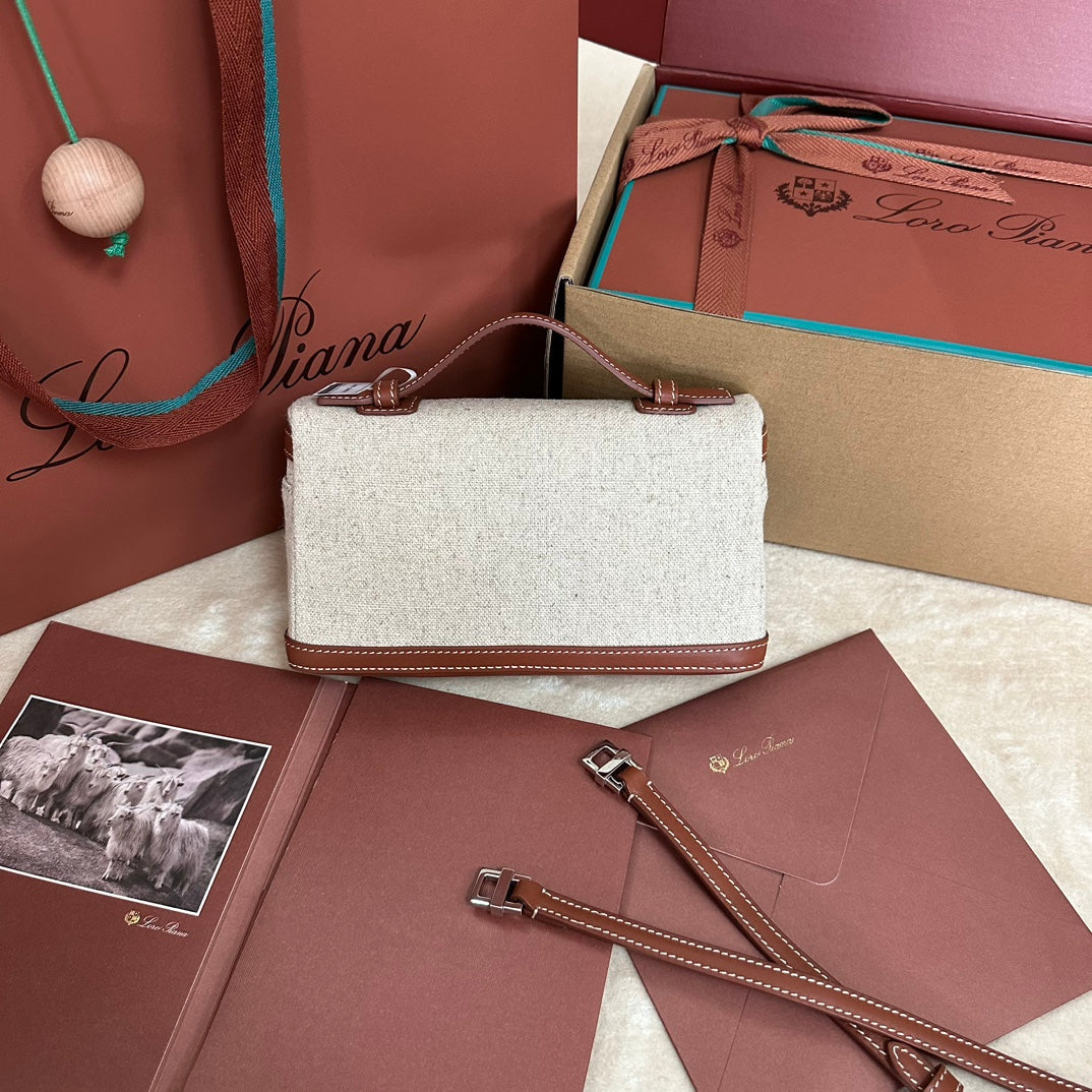 Loro Piana Extra Pocket L19 in White Canvas and Bronze Brown Calfskin with Silver Hardware Bag