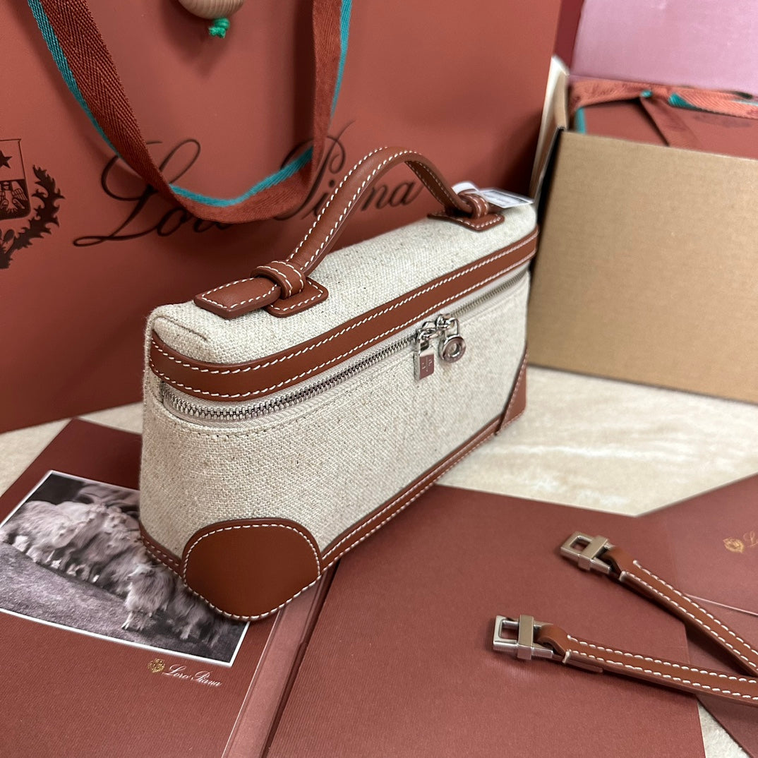 Loro Piana Extra Pocket L19 in White Canvas and Bronze Brown Calfskin with Silver Hardware Bag