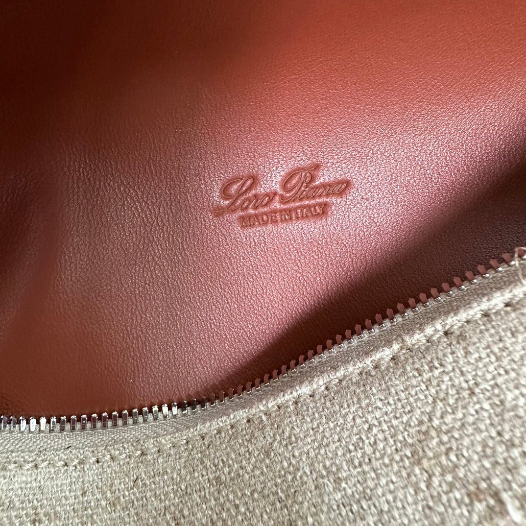 Loro Piana Extra Pocket L19 in White Canvas and Bronze Brown Calfskin with Silver Hardware Bag