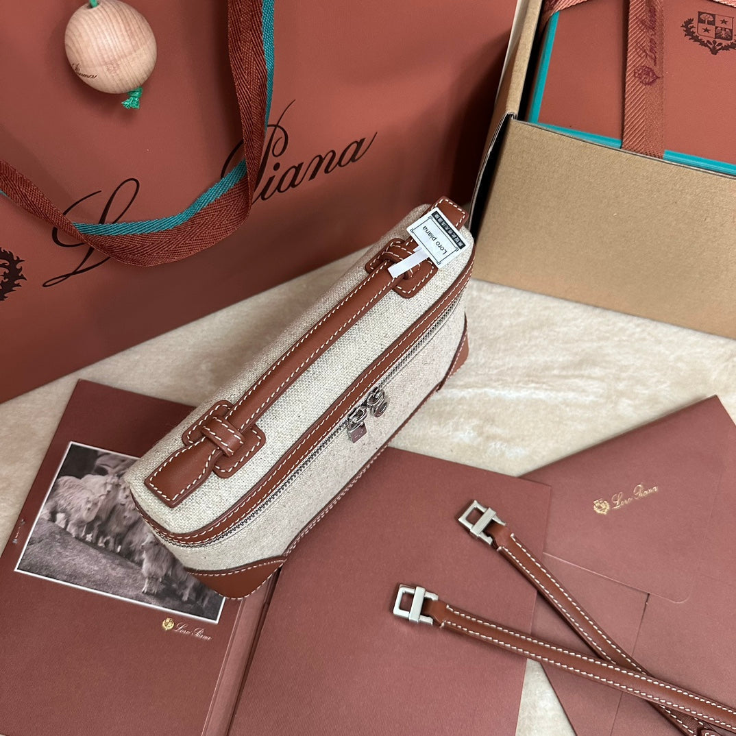 Loro Piana Extra Pocket L19 in White Canvas and Bronze Brown Calfskin with Silver Hardware Bag