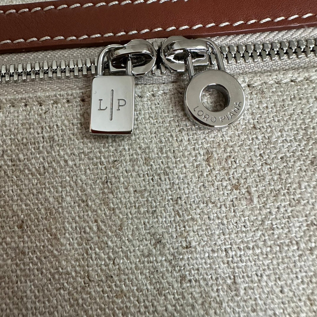 Loro Piana Extra Pocket L19 in White Canvas and Bronze Brown Calfskin with Silver Hardware Bag
