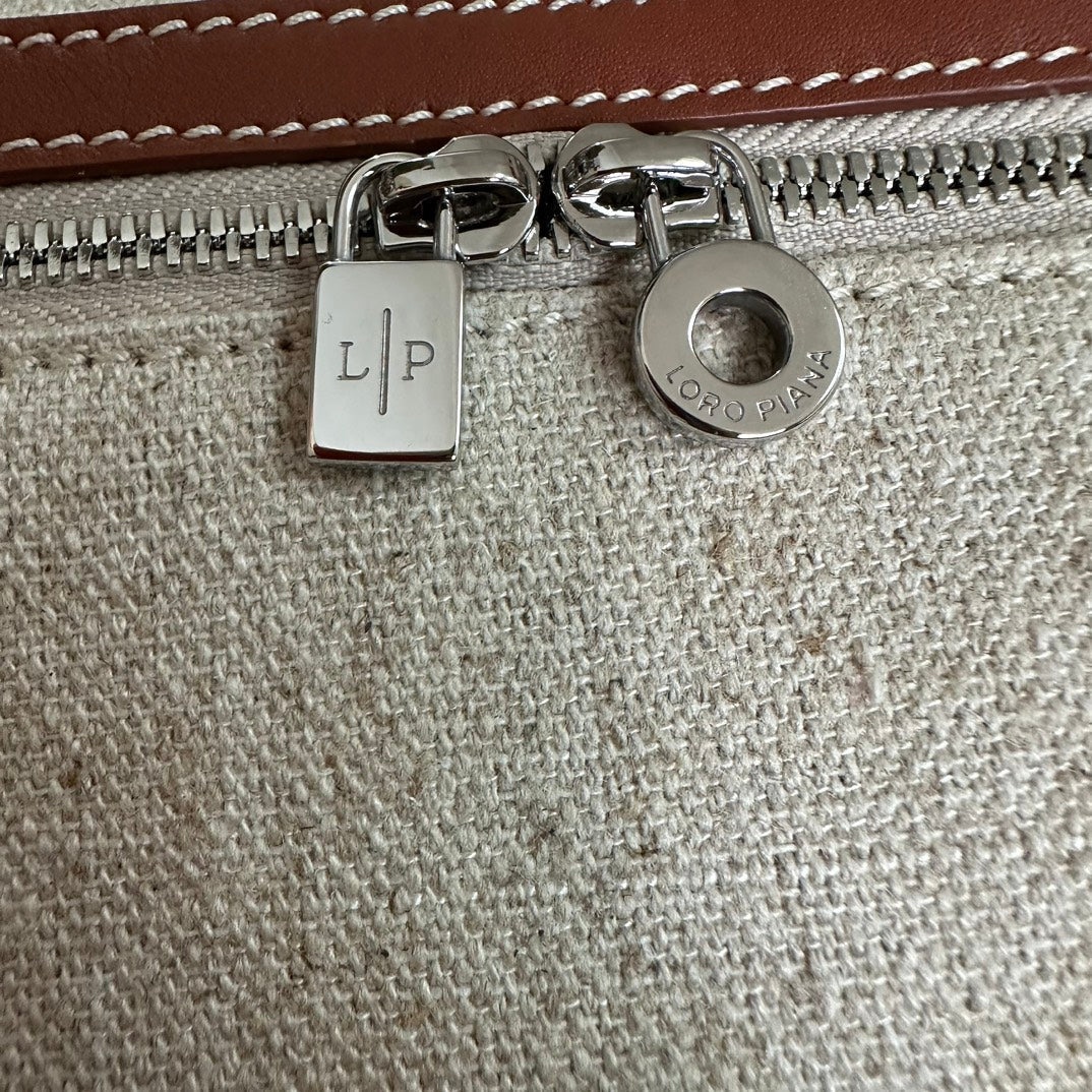Loro Piana Extra Pocket L19 in White Canvas and Bronze Brown Calfskin with Silver Hardware Bag