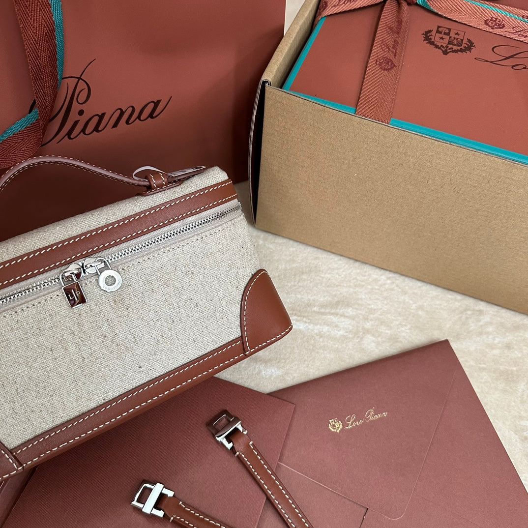 Loro Piana Extra Pocket L19 in White Canvas and Bronze Brown Calfskin with Silver Hardware Bag