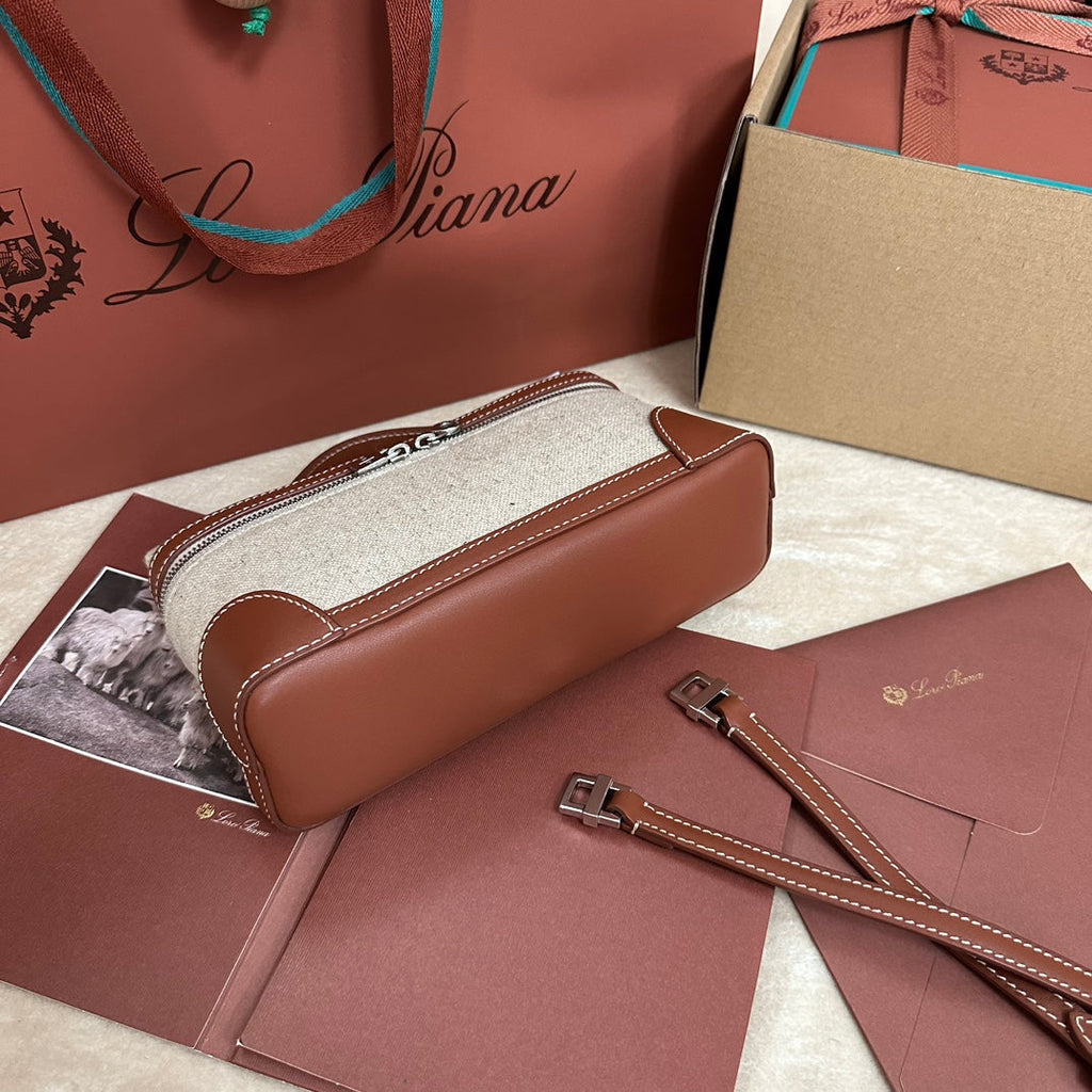 Loro Piana Extra Pocket L19 in White Canvas and Bronze Brown Calfskin with Silver Hardware Bag