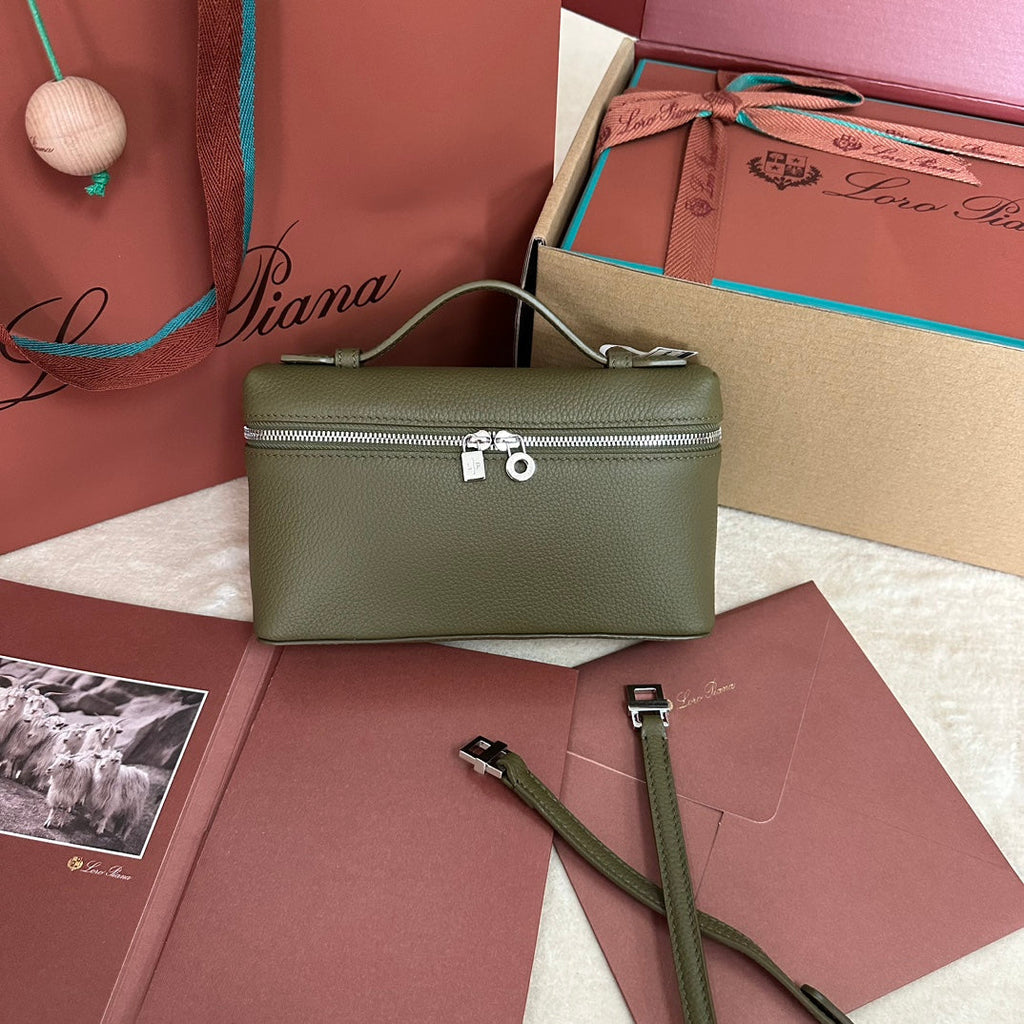 Loro Piana Extra Pocket L19 in Olive Green Calfskin with Silver Hardware Bag