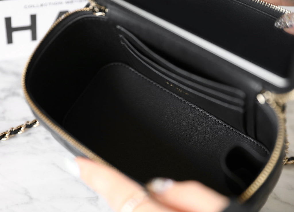Chanel 25S Vanity Bag 17 cm in Black Lambskin with Pearl Strap