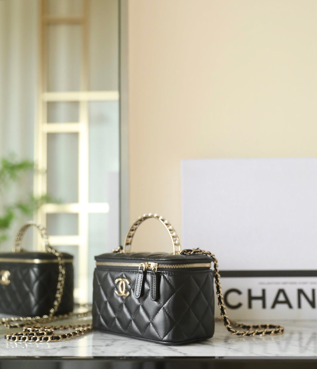 Chanel 25S Vanity Bag 17 cm in Black Lambskin with Pearl Strap