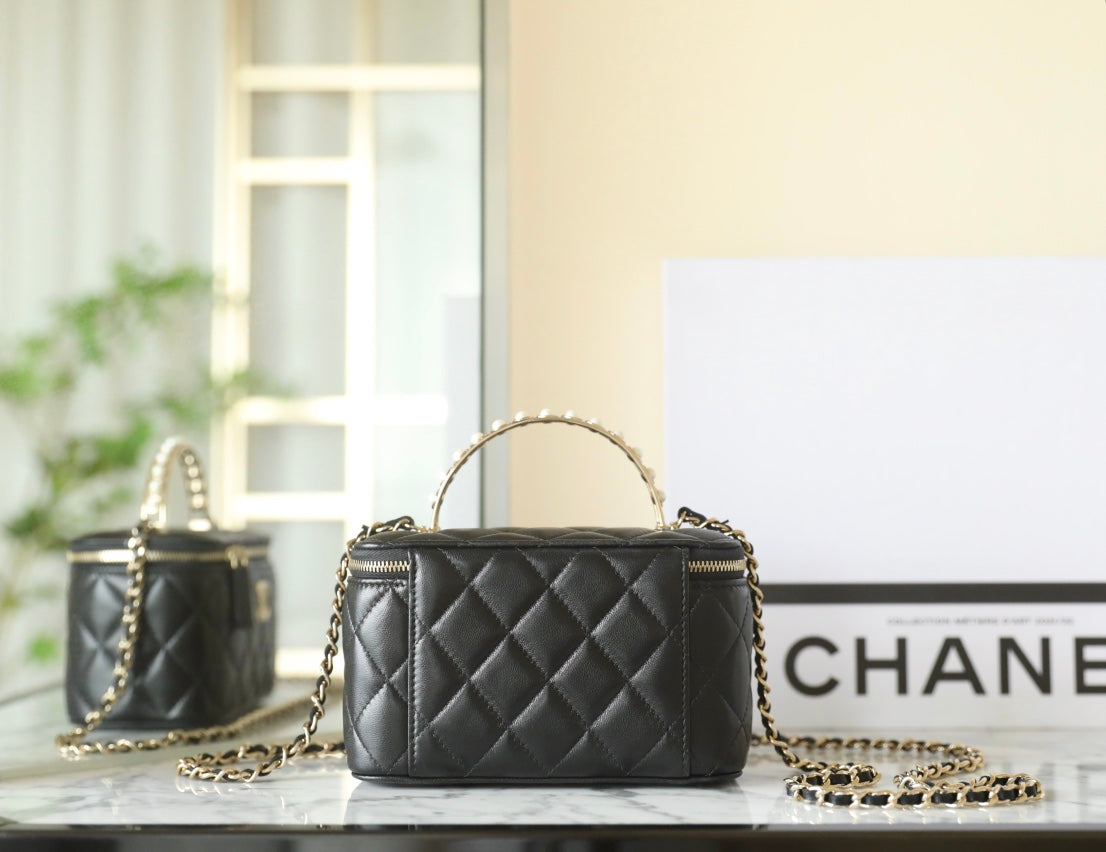 Chanel 25S Vanity Bag 17 cm in Black Lambskin with Pearl Strap