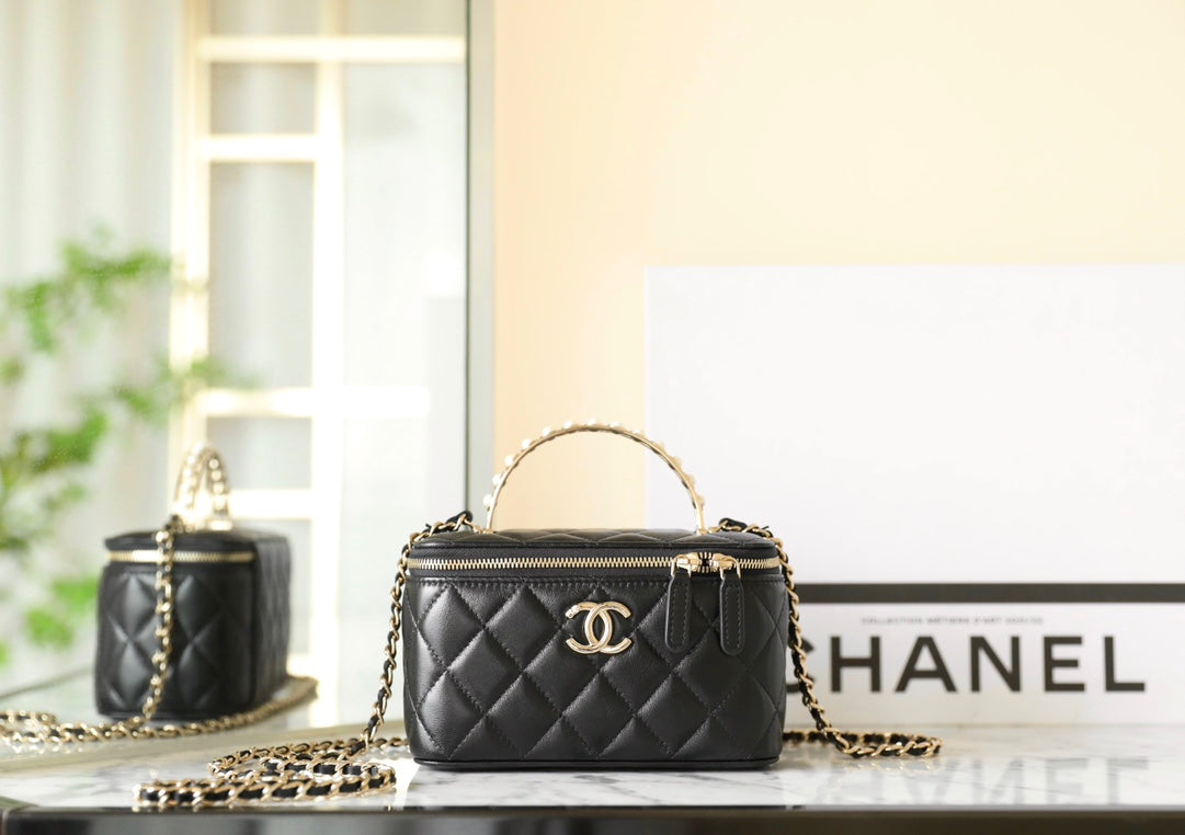 Chanel 25S Vanity Bag 17 cm in Black Lambskin with Pearl Strap