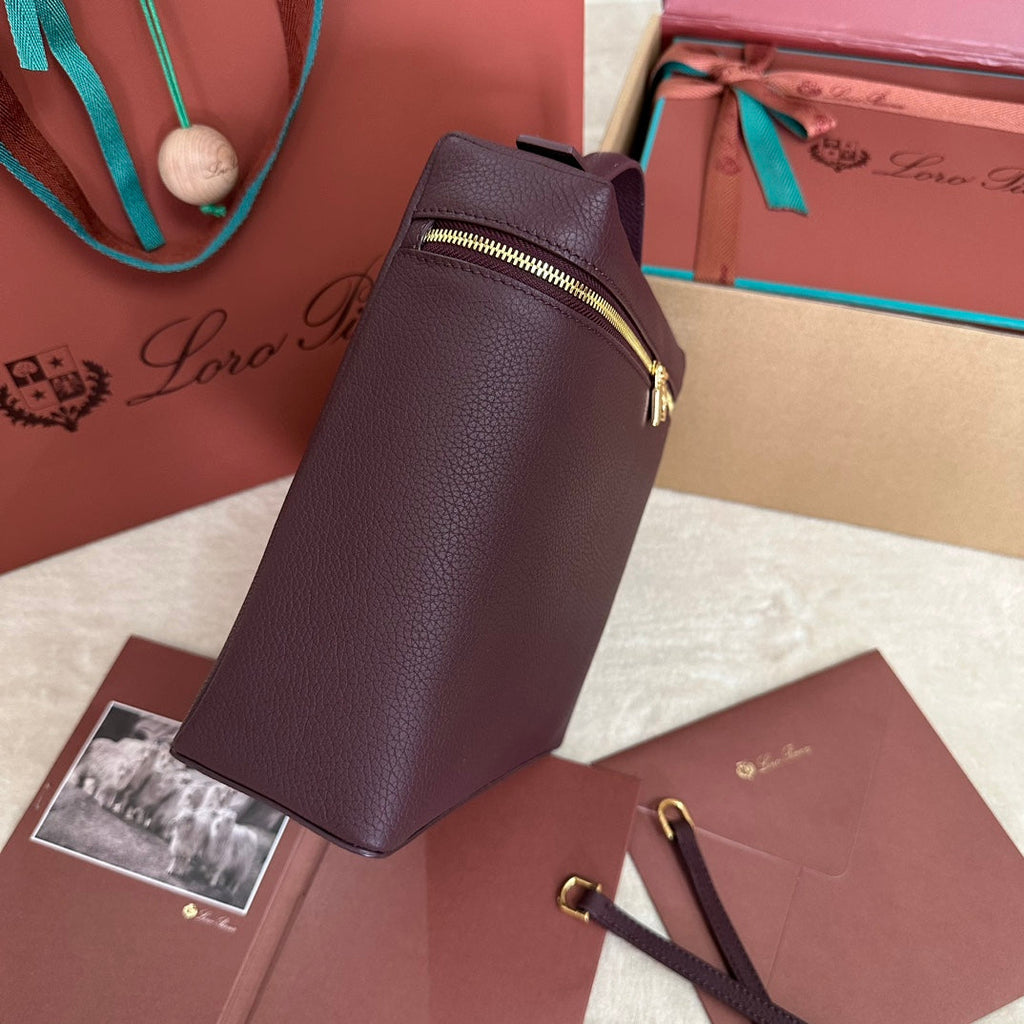 Loro Piana Extra Pocket Backpack L23.5 in Wine Purple Calfskin with Gold Hardware