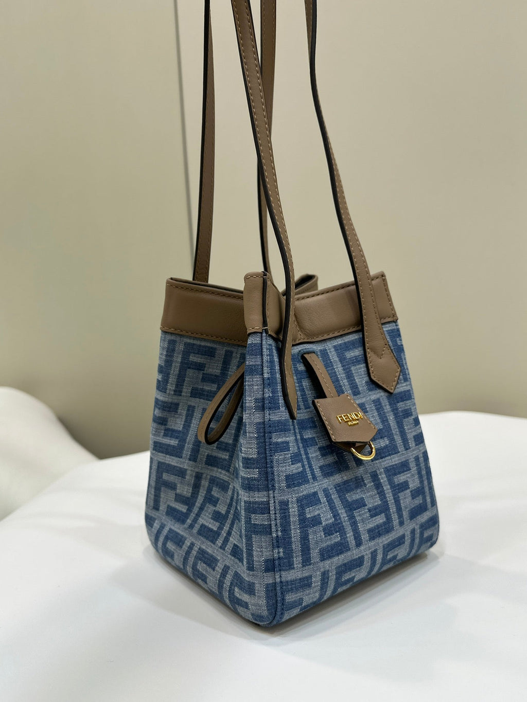 Fendi Origami Mini 19 in True Blue Monogram Denim with Calfskin Strap Bag