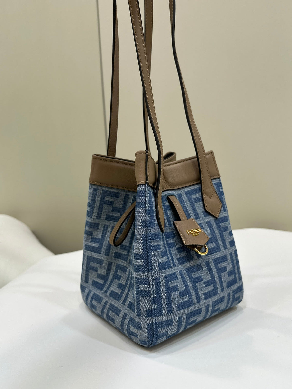 Fendi Origami Mini 19 in True Blue Monogram Denim with Calfskin Strap Bag