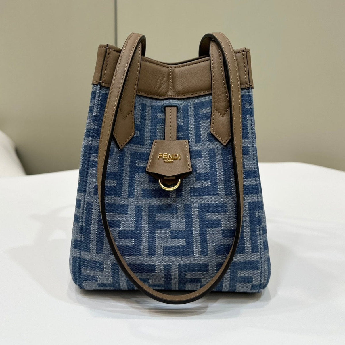 Fendi Origami Mini 19 in True Blue Monogram Denim with Calfskin Strap Bag