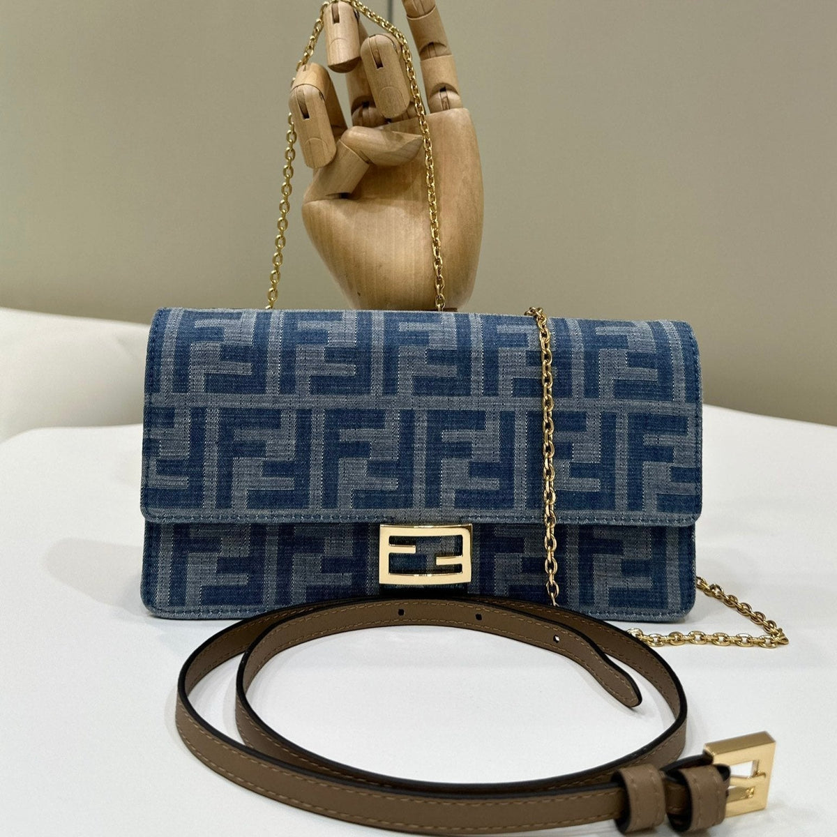 Baguette Mini 21 Bag in Cerulean Blue Monogram Denim with Gold Hardware