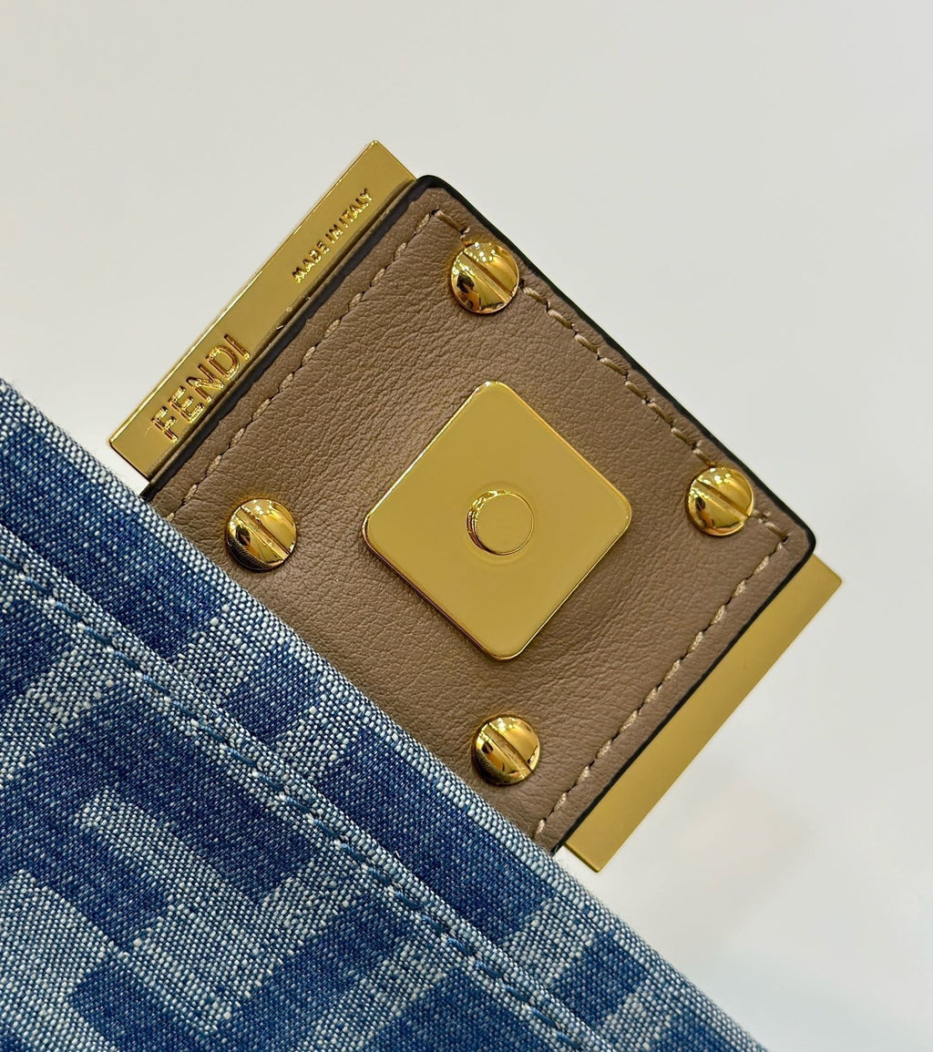 Baguette Mini 19 Bag in Cerulean Blue Monogram Denim with Gold Hardware