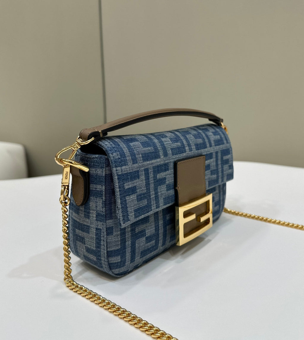 Baguette Mini 19 Bag in Cerulean Blue Monogram Denim with Gold Hardware