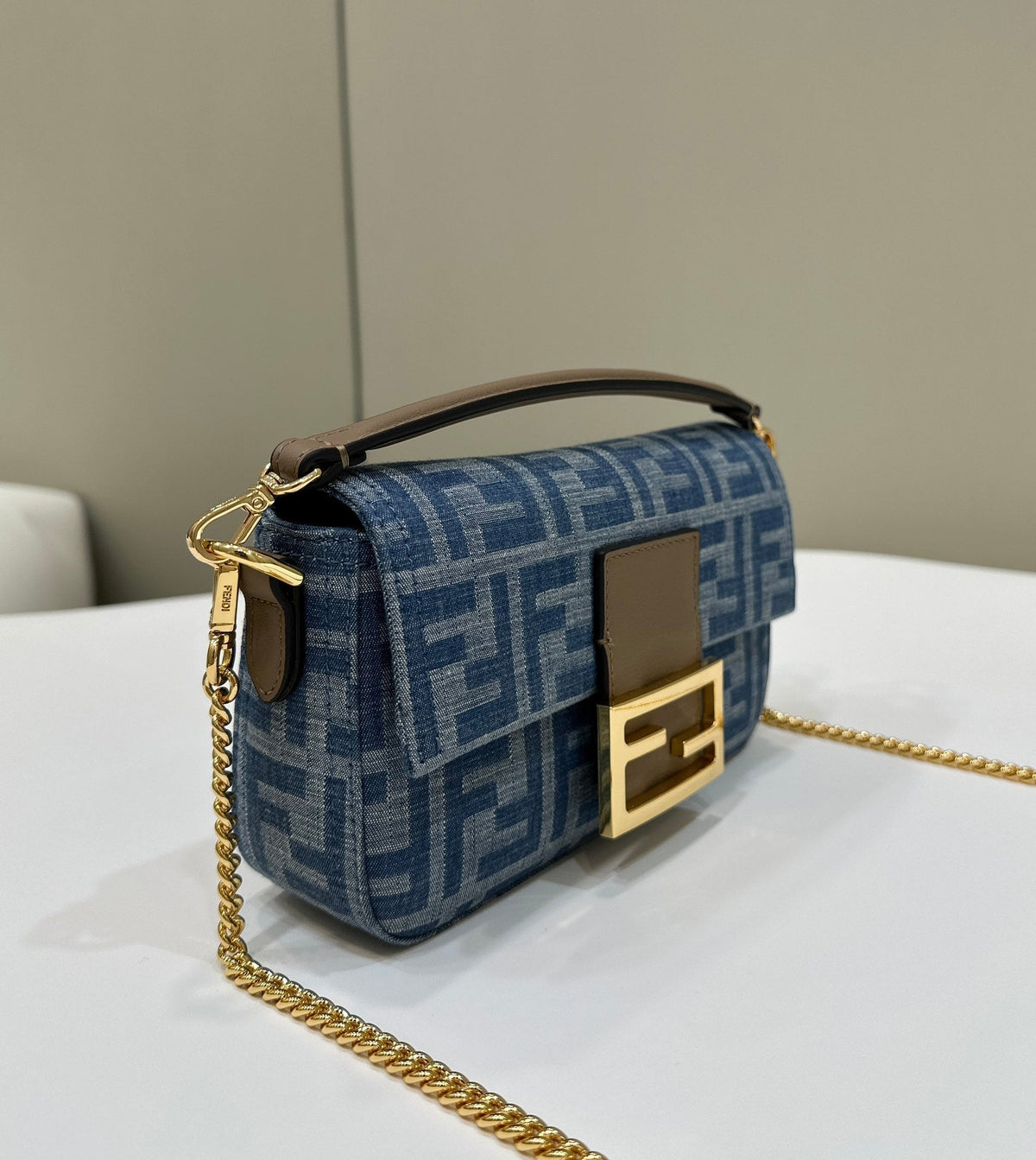 Baguette Mini 19 Bag in Cerulean Blue Monogram Denim with Gold Hardware