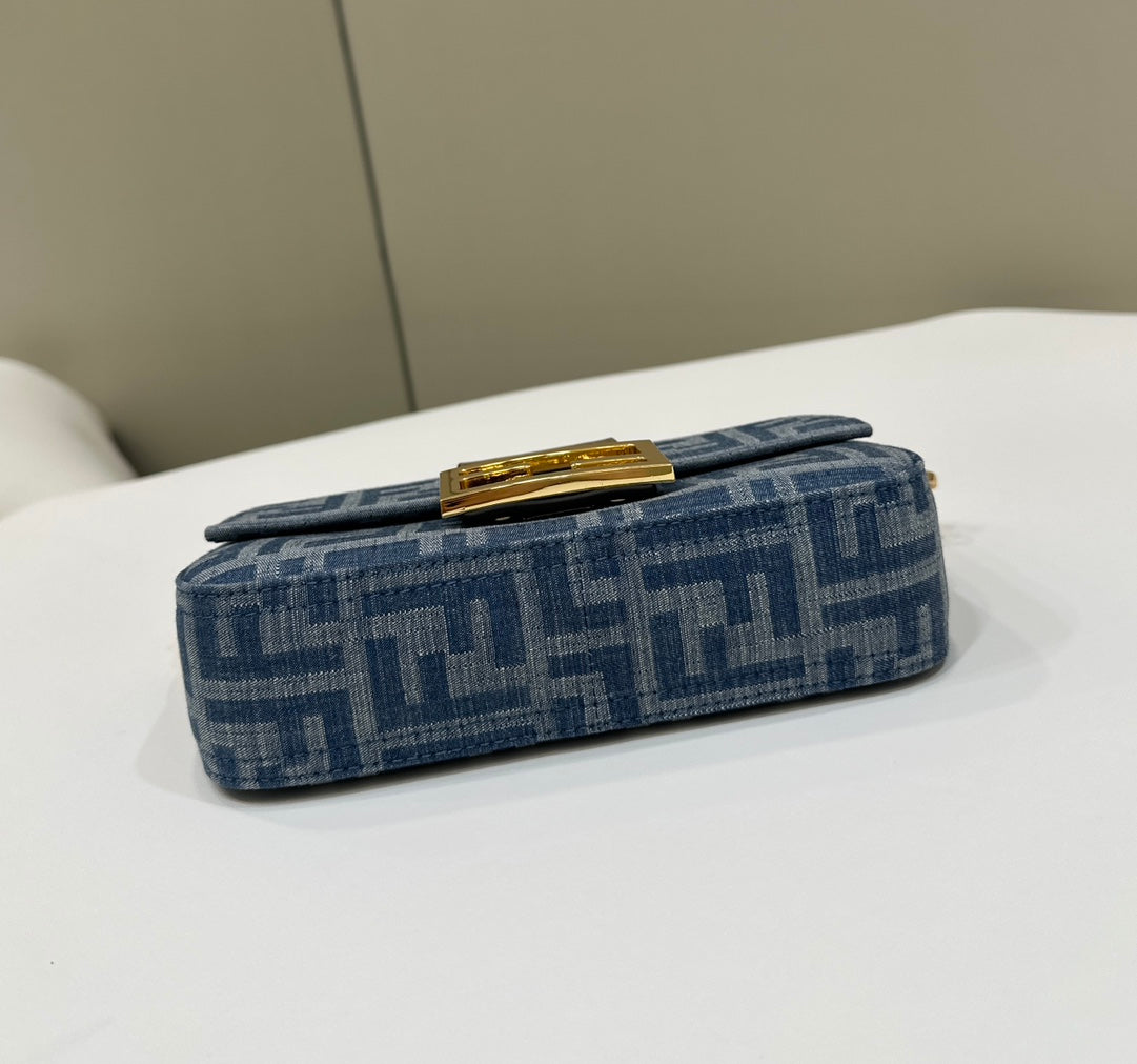 Baguette Mini 19 Bag in Cerulean Blue Monogram Denim with Gold Hardware
