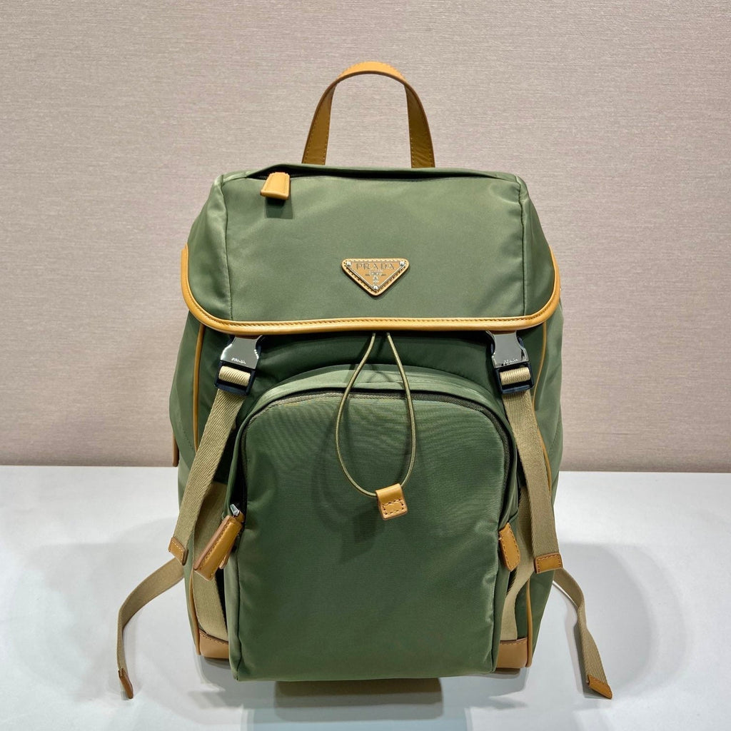 Prada Backpack 45 in Seaweed Green Re-Nylon and Brown Calfskin Trim