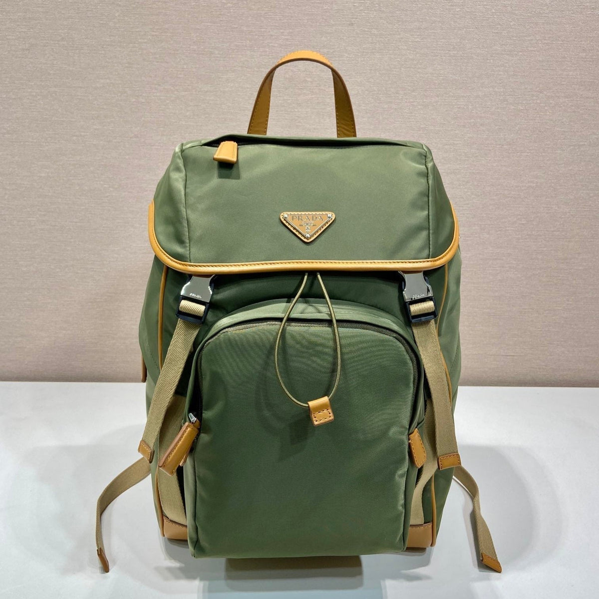 Prada Backpack 45 in Seaweed Green Re-Nylon and Brown Calfskin Trim