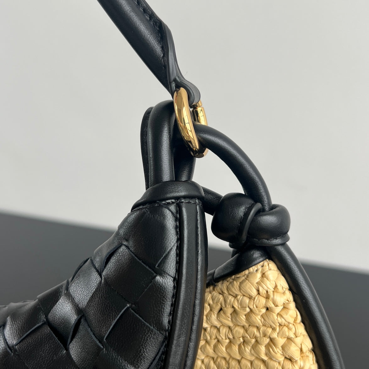Bottega Veneta Gemelli Shoulder Bag 36 in Beige Raffia and Black Lambskin