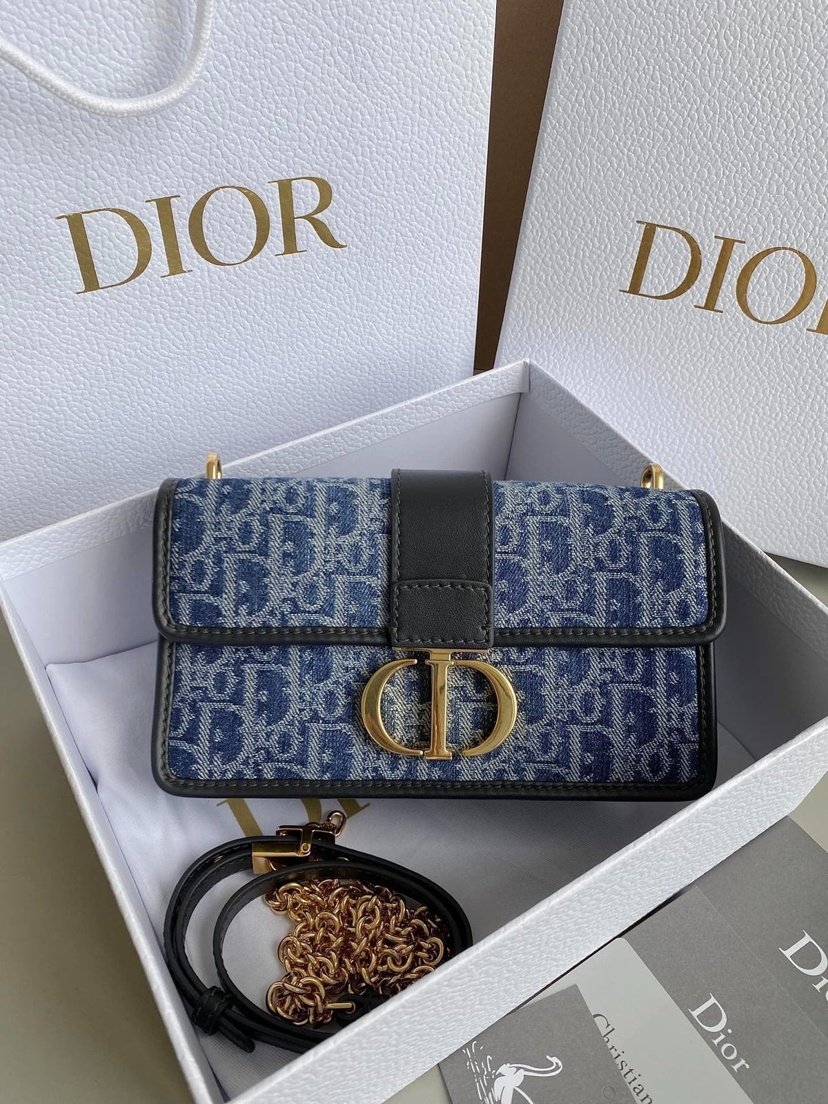 Dior 21 Mongtaigne East-Wet with Chain Blue Denim Oblique Jacquard Bag