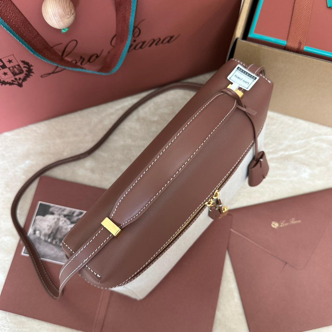 Loro Piana Extra Bag L27 in White Canvas and Red Brown Calfskin with Gold Hardware