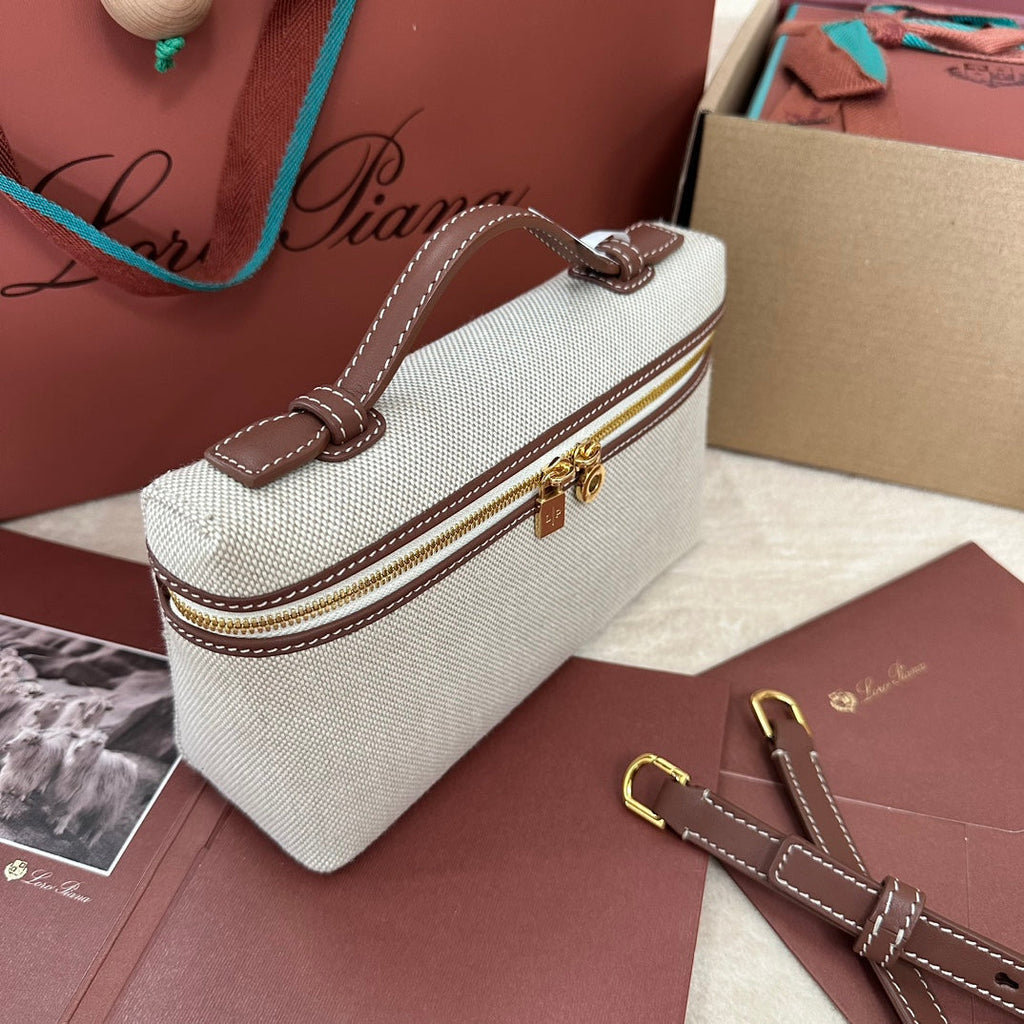 Loro Piana Extra Pocket L19 in White Canvas and Chestnut Brown Calfskin with Gold Hardware Bag