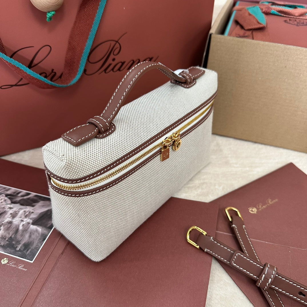 Loro Piana Extra Pocket L19 in White Canvas and Chestnut Brown Calfskin with Gold Hardware Bag