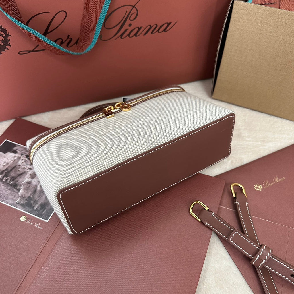 Loro Piana Extra Pocket L19 in White Canvas and Chestnut Brown Calfskin with Gold Hardware Bag