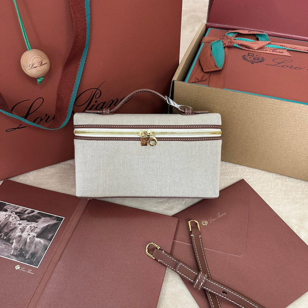 Loro Piana Extra Pocket L19 in White Canvas and Chestnut Brown Calfskin with Gold Hardware Bag