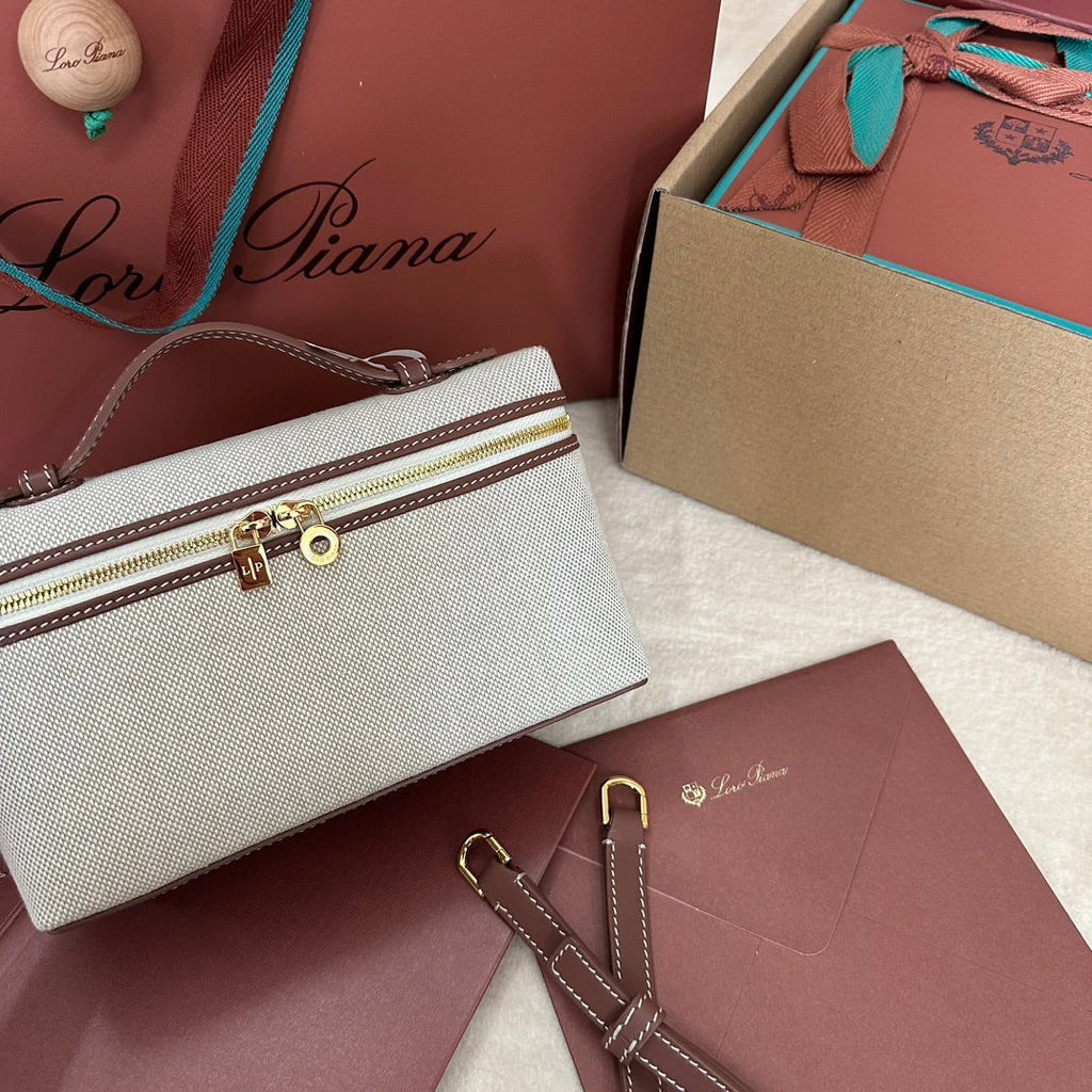 Loro Piana Extra Pocket L19 in White Canvas and Chestnut Brown Calfskin with Gold Hardware Bag
