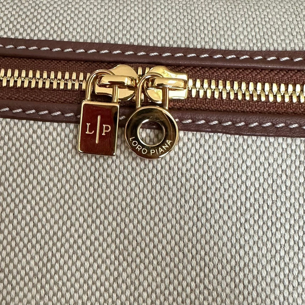 Loro Piana Extra Pocket L19 in White Canvas and Chestnut Brown Calfskin with Gold Hardware Bag